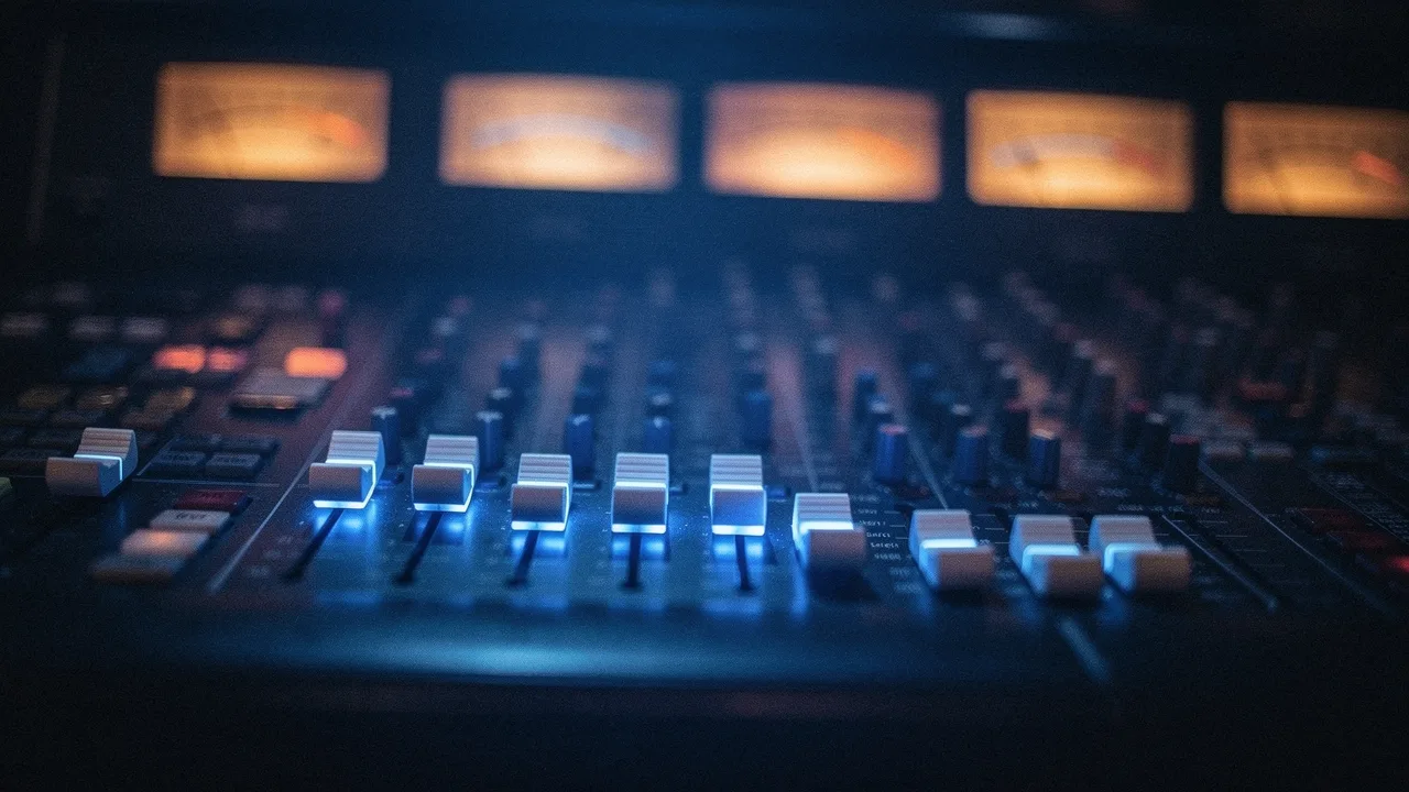 A mixing console's faders glowing blue in a dark studio, meters mid-swell