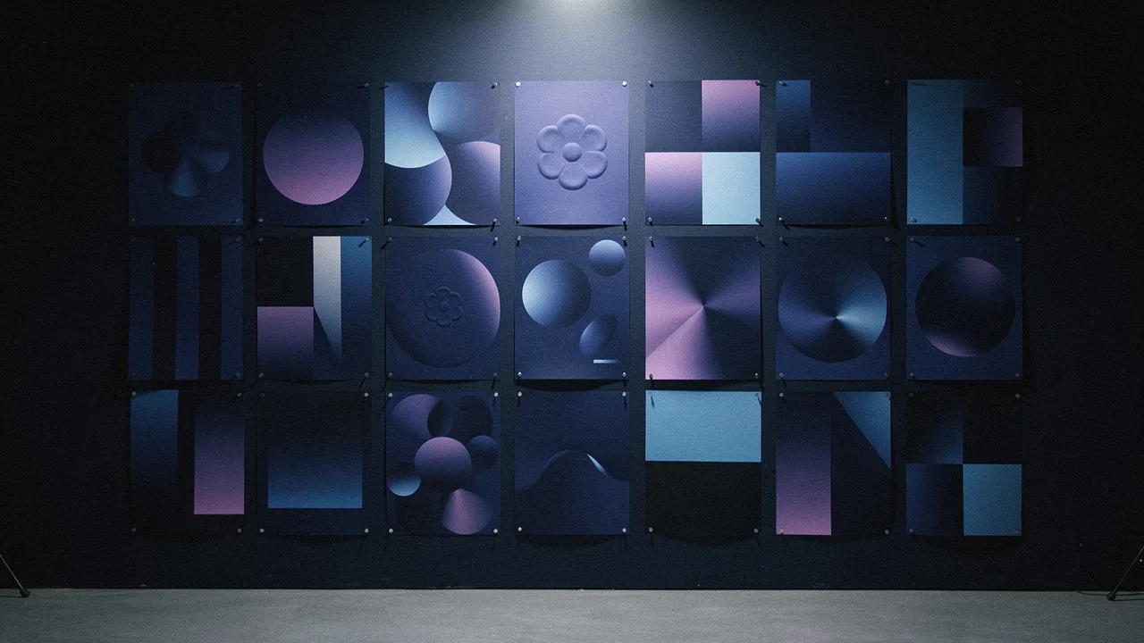 A grid of printed brand applications in dark blue tones pinned on a studio wall