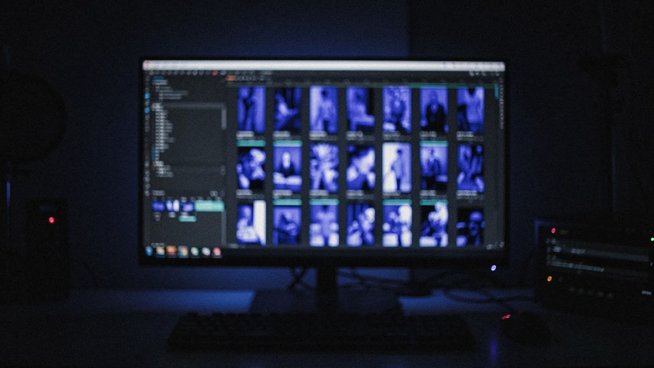 A grid of vertical video thumbnails in a dark editing timeline, all in the same blue grade