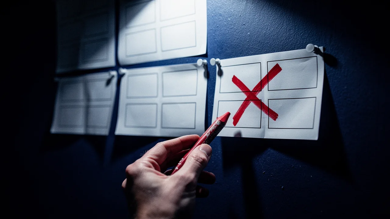 A hand marking a red X on one frame of a pinned storyboard grid
