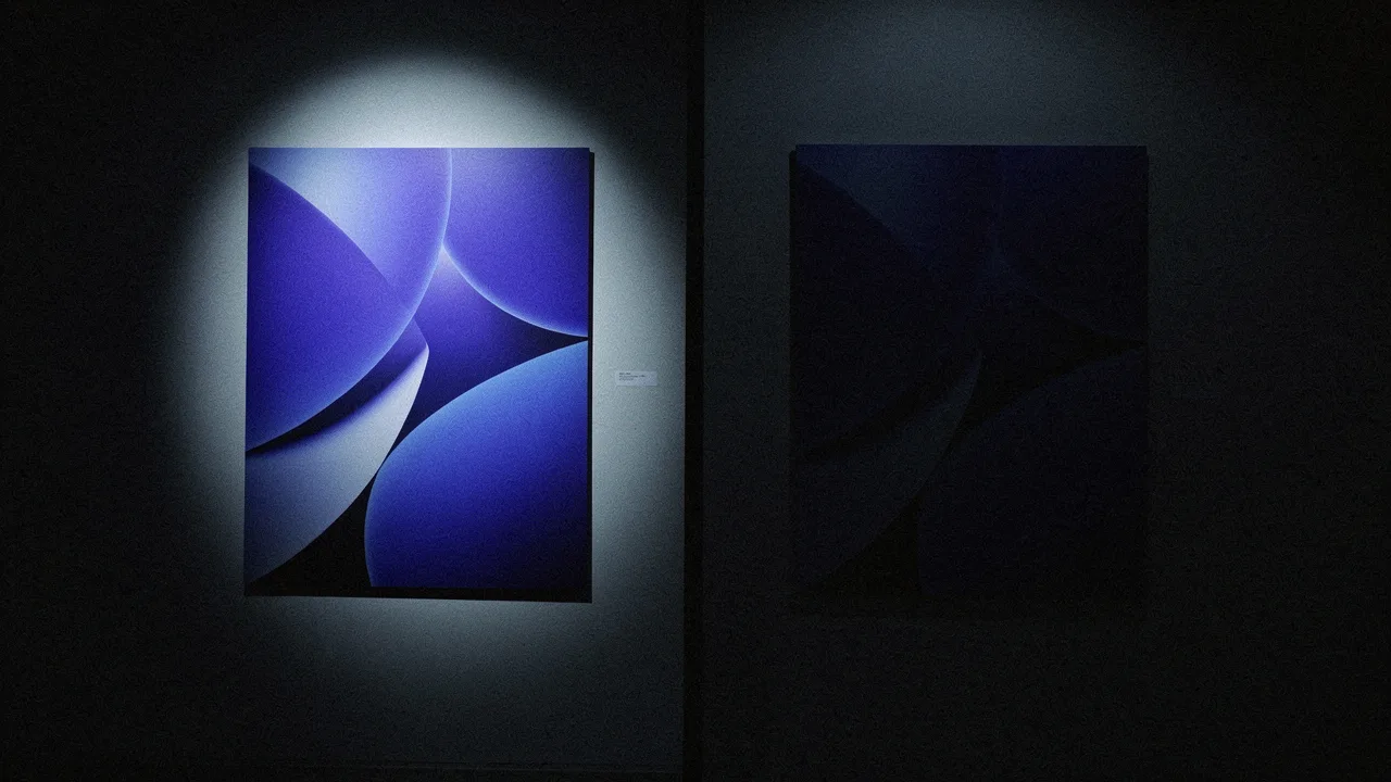 Two candidate key art prints side by side under a spotlight, one lit stronger