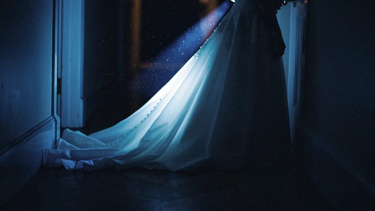 A wedding dress train catching a thin beam of blue light in a dark corridor