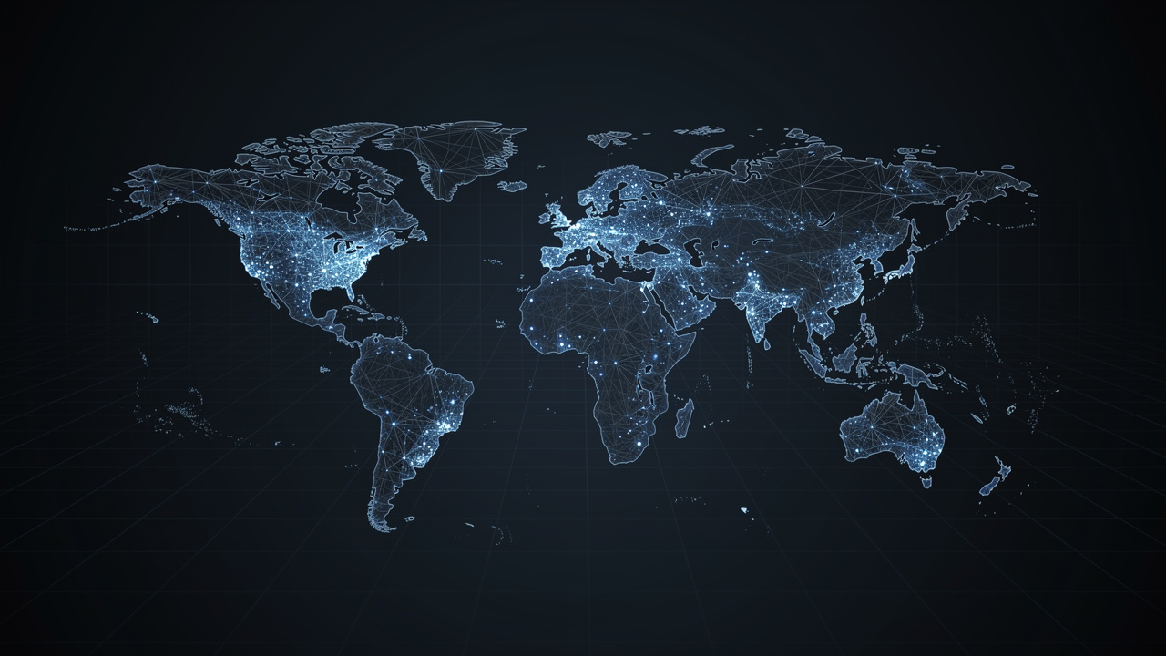 An abstract world map drawn in points of cold blue light, marking a network of connected DSPs and affiliates across Latin America