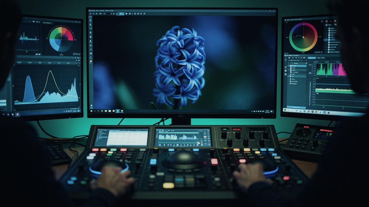 Hands on a color-grading console in a dark edit suite; the main monitor shows a blue hyacinth being graded