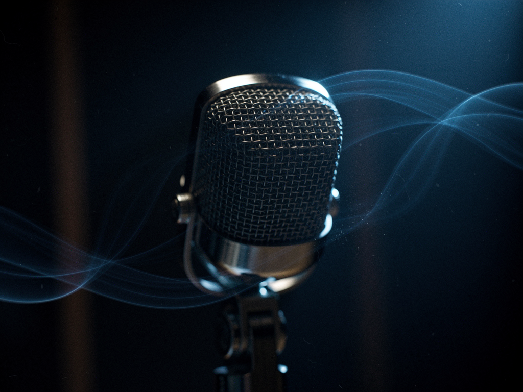 A vintage studio microphone in the dark, wrapped in wisps of blue light like a waveform