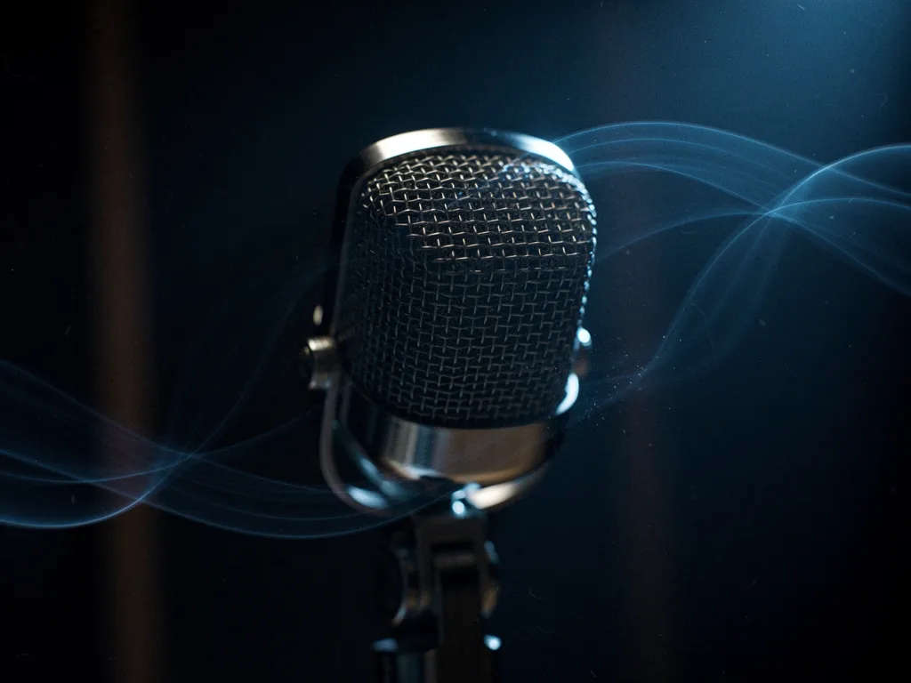 A vintage studio microphone in the dark, wrapped in wisps of blue light like a waveform