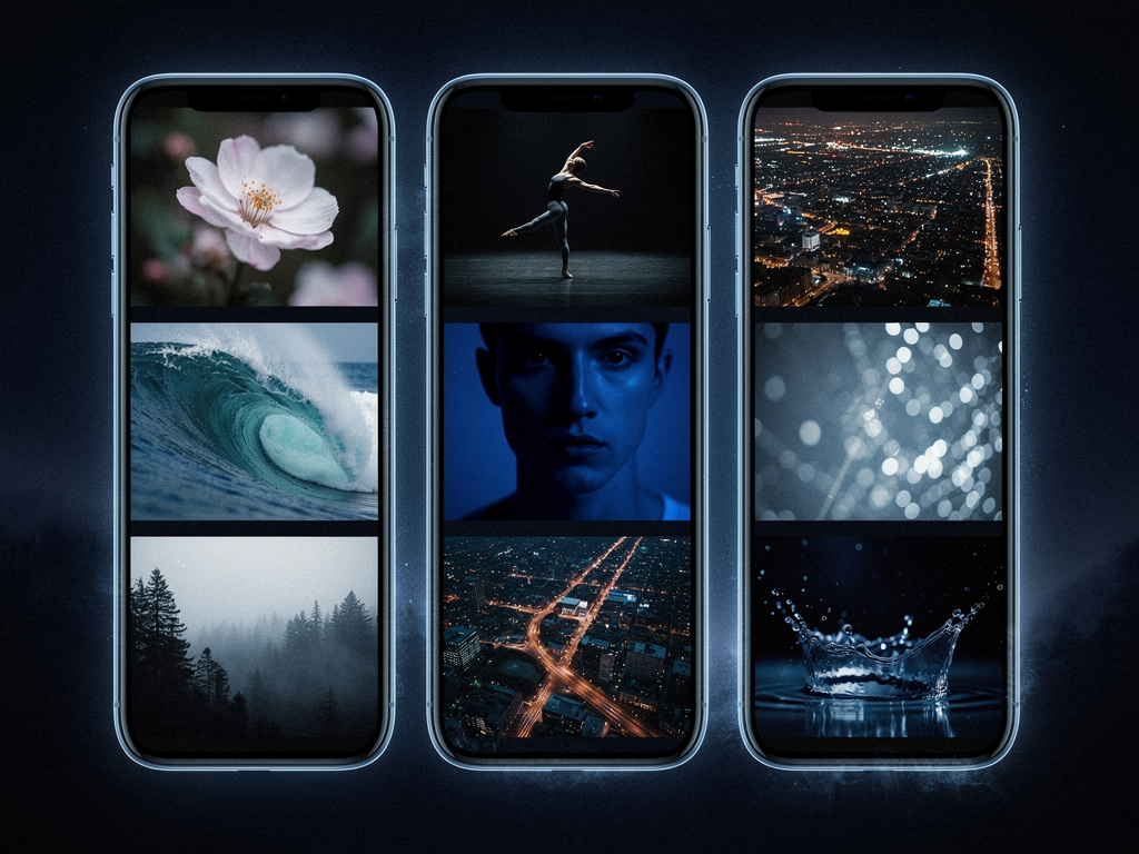 A receding row of glowing vertical frames floating in the dark, like an endless feed of clips